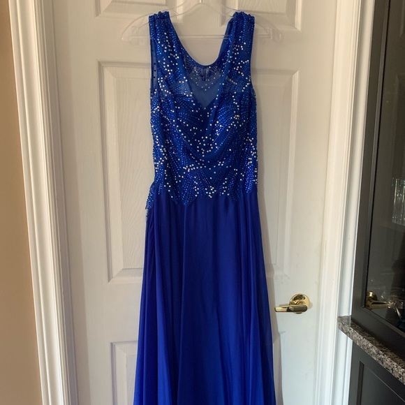 Royal Blue Sequinned Bodice Backless Prom Dress - Picture 6 of 12